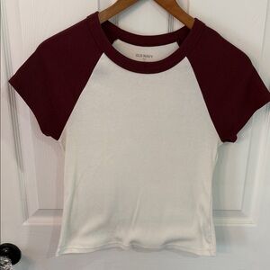 Old Navy White and Burgundy Short Sleeve Raglan Tee